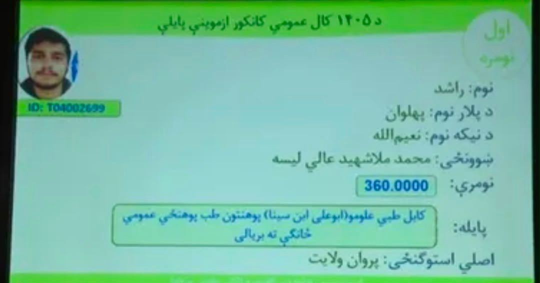 راشد از پروان اول&zwnj;نمره عمومی کانکور ۱۴۰۵ اعلام شد